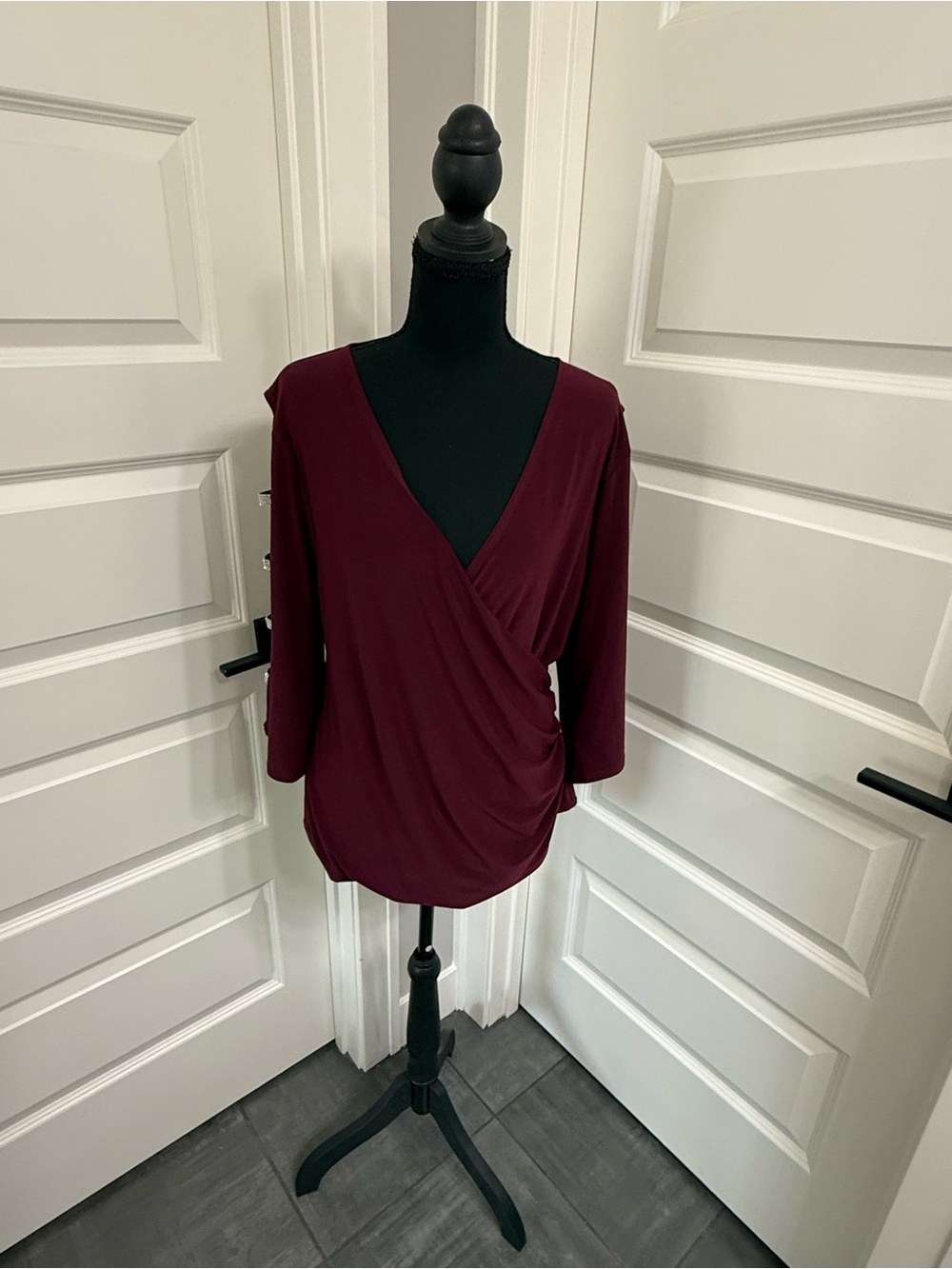MSK Burgundy Draped Surplice V-Neck Blouse w/Rhinestone embellished sleeves